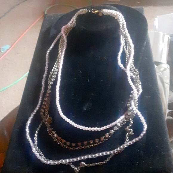 Jewelry - Elegant Multi-Layered Silver Rhinestone and Pink Beaded and Gold Tone  Necklace